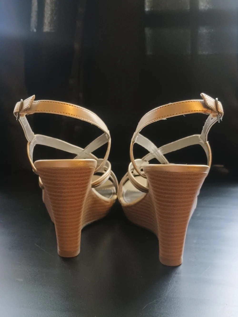 ELLE Metallic Rose Gold Strappy Wedge Sandals Woman's Size 7 Special Occasion